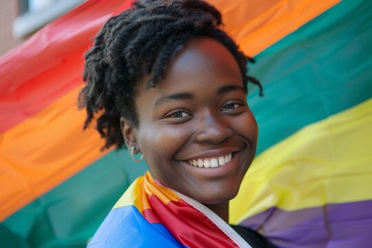Joy at the Pride Parade: Smiling Individual with Rainbow Flag