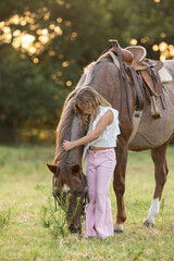 Little Girl with Roan Horse in  western quarter horse hugging love bind