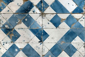Old blue and white retro vintage worn shabby patchwork checkered chessboard lozenge diamond rue motif tiles stone concrete cement wall wallpaper texture seamless pattern - obrazy, fototapety, plakaty