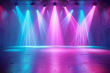 Neon dark empty stage room with spotlights in blue, purple and pink, studio background illustration - obrazy, fototapety, plakaty