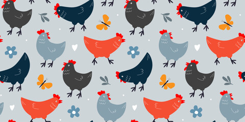 Seamless pattern with cute chickens. Summer abstract print with pet birds. Vector graphics. - obrazy, fototapety, plakaty