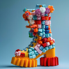 Creative handmade boot boldly stands out against a blue background, intricately decorated with colorful foam pieces crafted into different shapes like flowers and blocks.