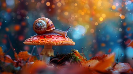 Lovely pretty little snail on a mushroom in the forest in nature macro. Beautiful colorful bright artistic image of the wild nature.