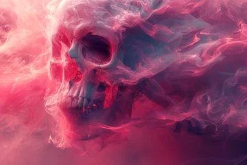 Fotobehang Skull, bones and skeleton. Ritual for the deceased. Neon logo with skull. Grim Reaper, death. Burning eyes © Gizmo