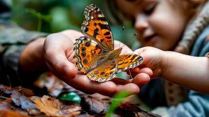 Small child holding butterfly in their hands in the leaves of tree.