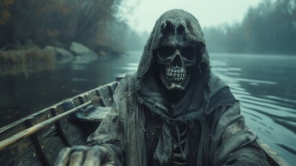 Skull, bones and skeleton. Death with a scythe in a boat, HADES transports the souls of the dead. - obrazy, fototapety, plakaty