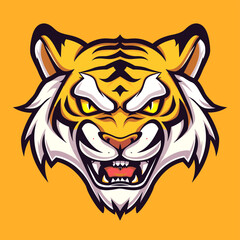 Obraz premium Vector esports logotype cute cartoon tiger on yellow background, logo cute tiger, icon cute tiger, sticker cute tiger, symbol cute tiger, emblem cute tiger