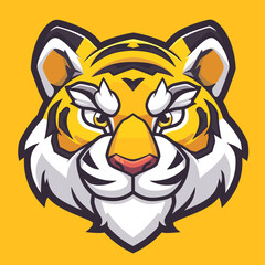 Fototapeta premium Vector esports logotype cute cartoon tiger on yellow background, logo cute tiger, icon cute tiger, sticker cute tiger, symbol cute tiger, emblem cute tiger