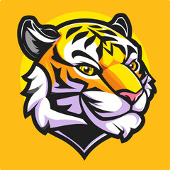 Vector esports logotype cute cartoon tiger on yellow background, logo cute tiger, icon cute tiger, sticker cute tiger, symbol cute tiger, emblem cute tiger