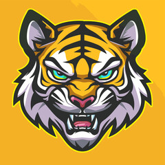 Fototapeta premium Vector esports logotype cute cartoon tiger on yellow background, logo cute tiger, icon cute tiger, sticker cute tiger, symbol cute tiger, emblem cute tiger