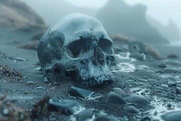 Skull, bones and skeleton. Death with a scythe in a boat, HADES transports the souls of the dead.