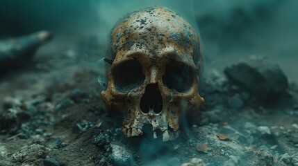 Skull, bones and skeleton. Ritual for the deceased. Neon logo with skull. Grim Reaper, death. Burning eyes - obrazy, fototapety, plakaty