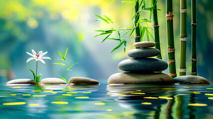 Bamboo tree sitting on top of body of water next to rocks.