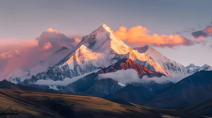 Papier Peint photo Everest Mountain peak of the tibetan snow-capped mountains, a beautiful panorama of the mountains at sunset of the day