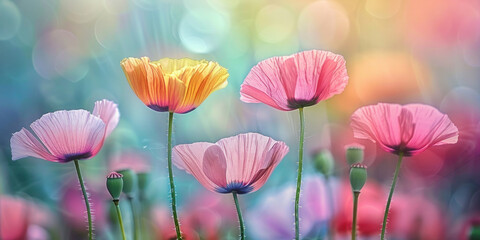 Vibrant Poppy Field with Colorful Green and Pink Flowers and Bokeh Effect on a Sunny Day