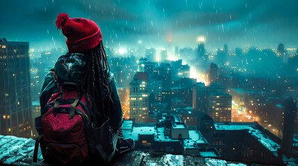 Person with dreadlocks sitting on ledge overlooking city at night. - obrazy, fototapety, plakaty