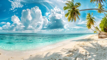 Beautiful beach with white sand, turquoise ocean, blue sky with clouds and palm tree over the water...
