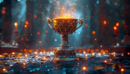 Achievement success in education awards concept. Golden trophy cup winner on bokeh background - obrazy, fototapety, plakaty