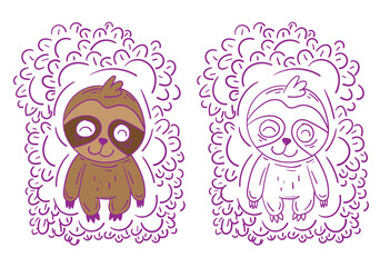 sloth doodle animal illustration for coloring page drawing book