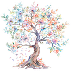 Elegant watercolor tree with pastel blooms, hand-painted botanical art for serene home decor, isolated on transparent background