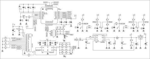 Schematic diagram of electronic device on sheet of paper. Vector drawing electrical circuit with capacitor,
resistor, lcd display, integrated circuit, 
coil, diode, microcontroller, other components.