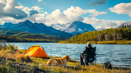 Man sitting in chair next to tent next to dog. - obrazy, fototapety, plakaty