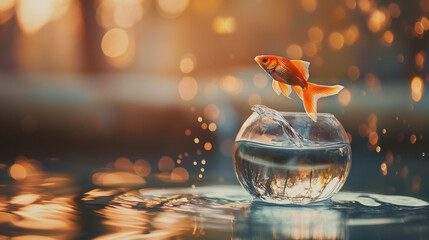 Goldfish jumping out of the water. Goldfish jumping from aquarium. Escape. Goldfish jumping from glass aquarium, Generative AI - Powered by Adobe