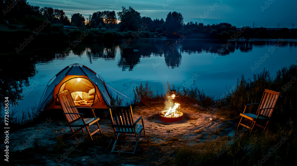 Aufkleber tent set up on the shore of lake with fire pit in front of it.