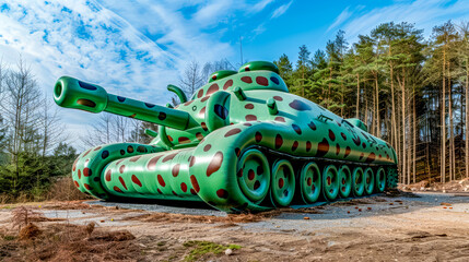 Large inflatable green tank sitting on top of dirt field. - obrazy, fototapety, plakaty