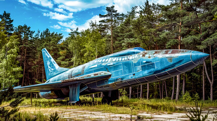 Blue airplane sitting on top of grass covered field next to trees.