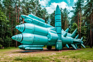 Large inflatable rocket sitting on top of lush green field. - Powered by Adobe