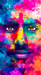 Close up of man's face with colorful paint all over it. - obrazy, fototapety, plakaty
