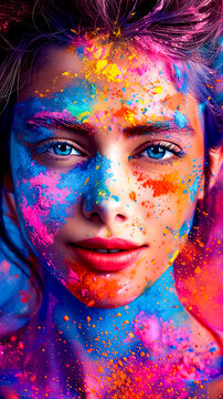 Woman with blue eyes and bright paint all over her face and body.