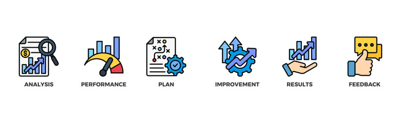 Evaluation banner web icon  with analysis  performance  plan  improvement  results  and feedback icon