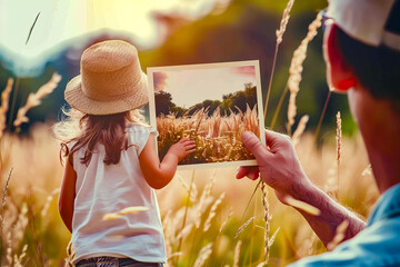 Person holding up picture of child in field of wheat. - obrazy, fototapety, plakaty