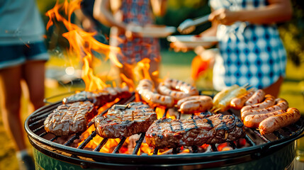 Steaks and hamburgers cooking on grill with flames in the background. - obrazy, fototapety, plakaty
