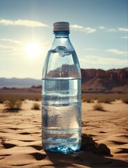 Essential survival: water bottle stranded in desert expanse. - obrazy, fototapety, plakaty