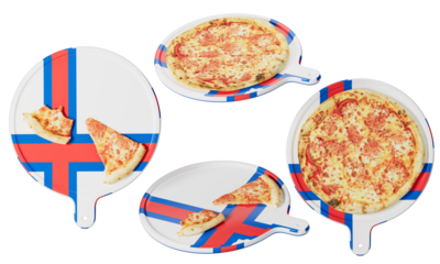 Faroese Flag-Inspired Cheese Pizza on Colored Tray: Fusion Cuisine Concept