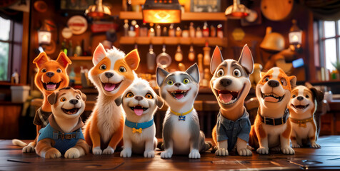 Group of dogs sitting next to each other in front of bar. - obrazy, fototapety, plakaty