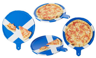 Traditional Cheese Pizza on Scottish Saltire Flag Tray: Culinary Tribute to Scotland
