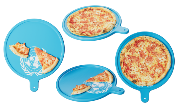Global Cuisine Concept: Cheese Pizza on United Nations-Inspired Serving Tray