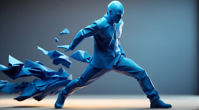A dynamic composition featuring a running figure disintegrating into blue geometric shapes, illustrating motion and transformation