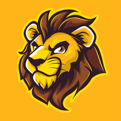 Obraz premium Vector esports logotype cute cartoon lion on yellow background, logo cute lion, icon cute lion, sticker cute lion, symbol cute lion, emblem cute lion