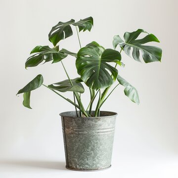monstera plant in a metal pot photographed on white background ai generated high quality image