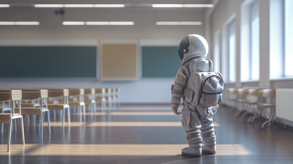 Little boy kid in astronaut suit standing full body length at school classroom with space for copy