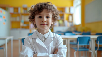 Little boy kid in a doctor suit looking at the camera against blurred school classroom with space for copy - Powered by Adobe