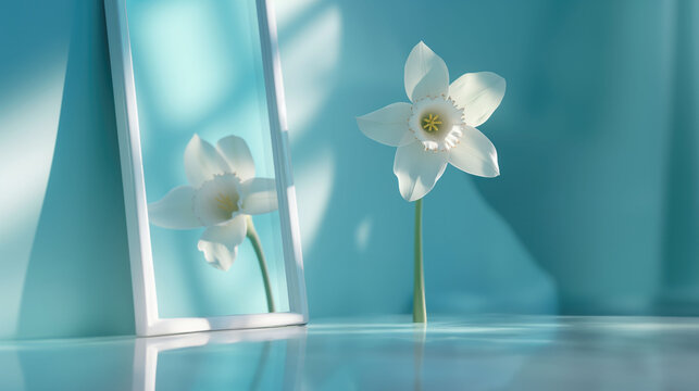 Mental health concept with a narcissus flower looking at its reflection on the mirror on isolated light pastel blue background