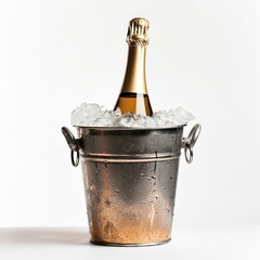 bottle of champagne in ice a cooler bucket on a white background