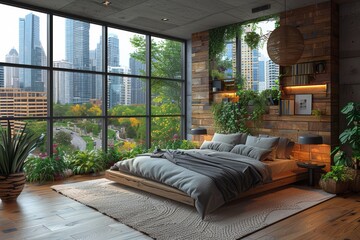 Contemporary farmhouse-style apartment bedroom overlooking city skyscrapers