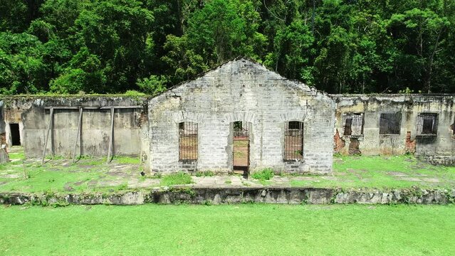 Aerial view of the ruins of the Anchieta Island Prison, which operated between 1934 and 1955, Anchieta Island - Ubatuba, S&atilde;o Paulo, Brazil